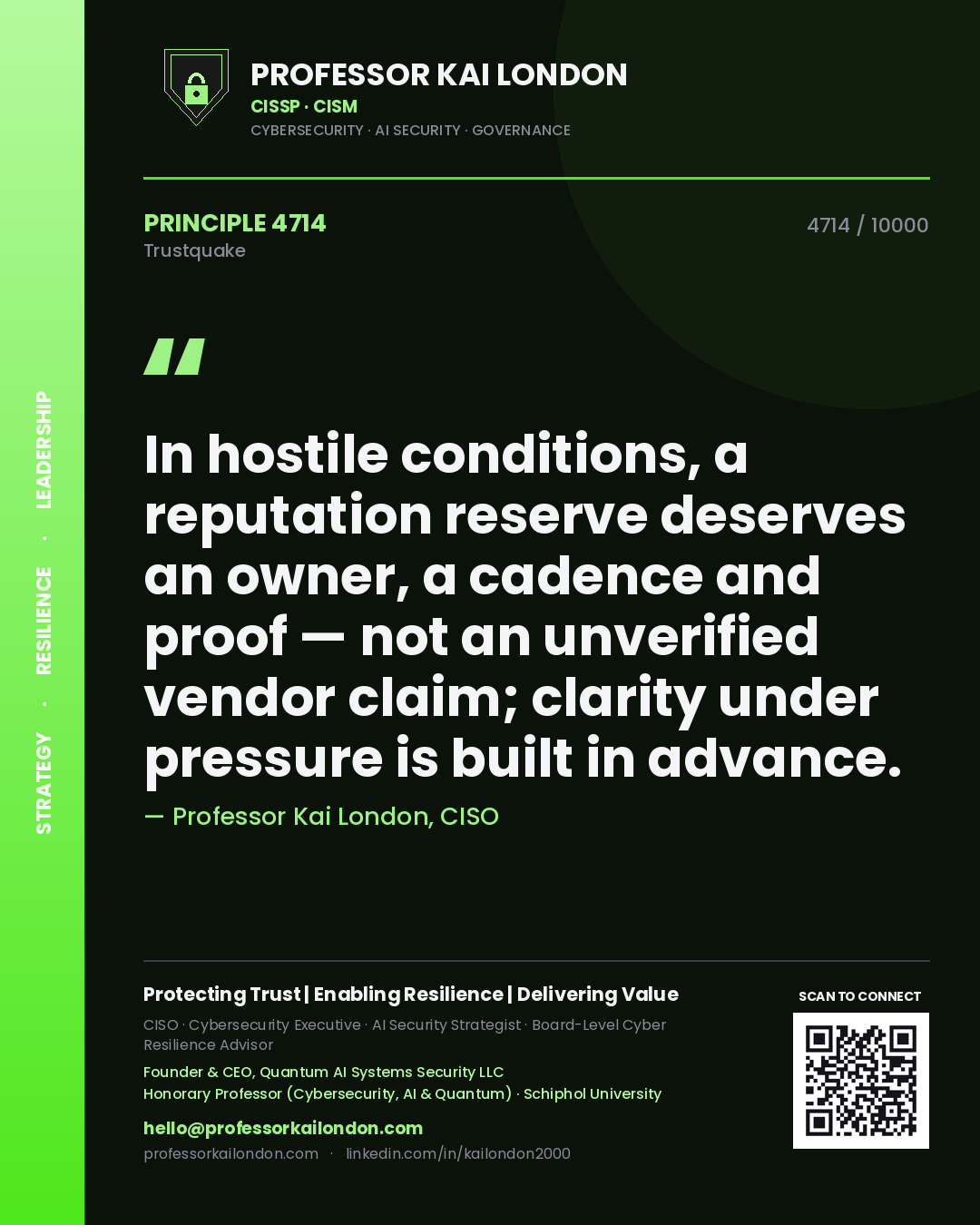 Professor Kai London principle 4714: In hostile conditions, a reputation reserve deserves an owner, a cadence and proof — not an unverified vendor claim; clarity under pressure is built in advance.