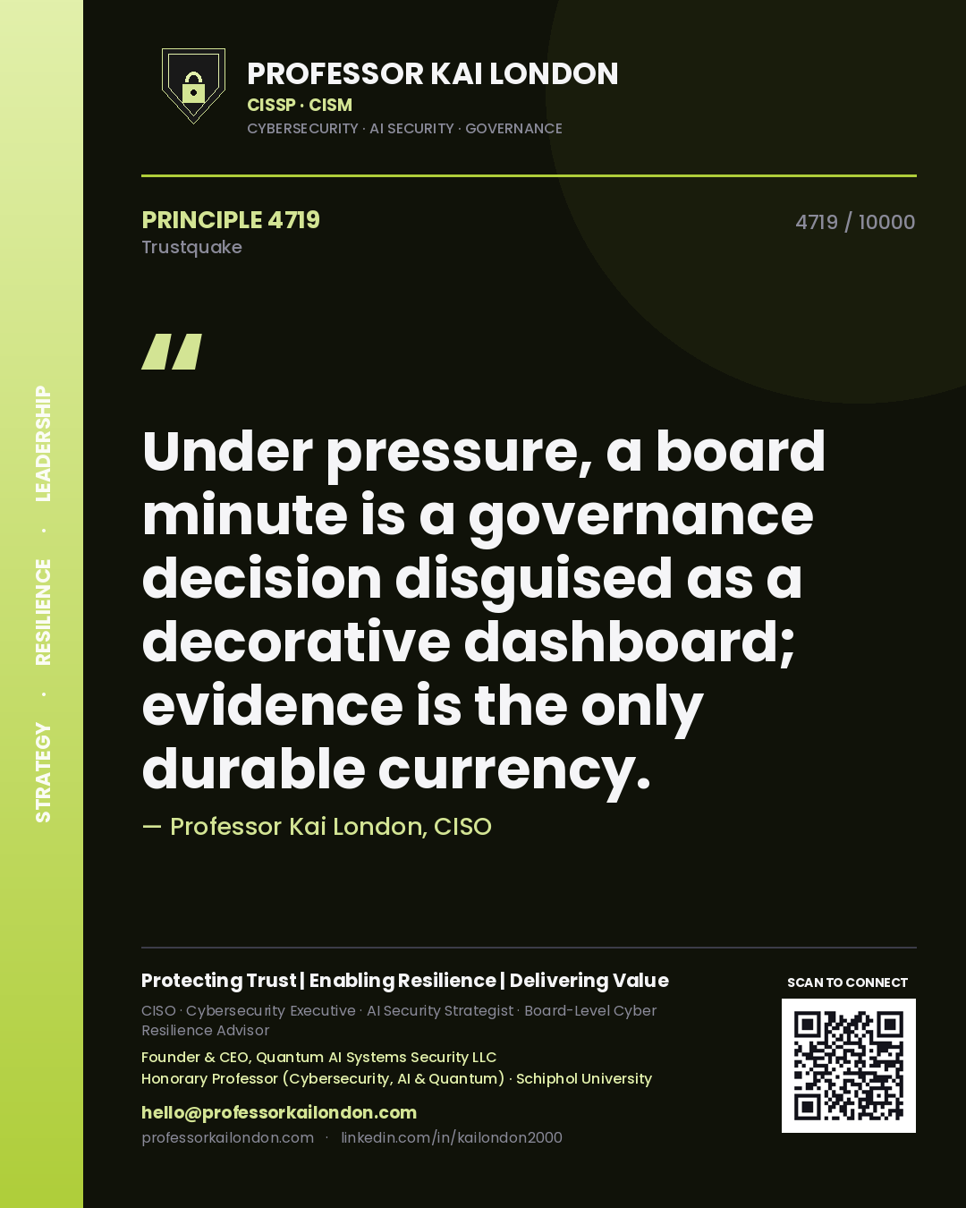 Professor Kai London principle 4719: Under pressure, a board minute is a governance decision disguised as a decorative dashboard; evidence is the only durable currency.