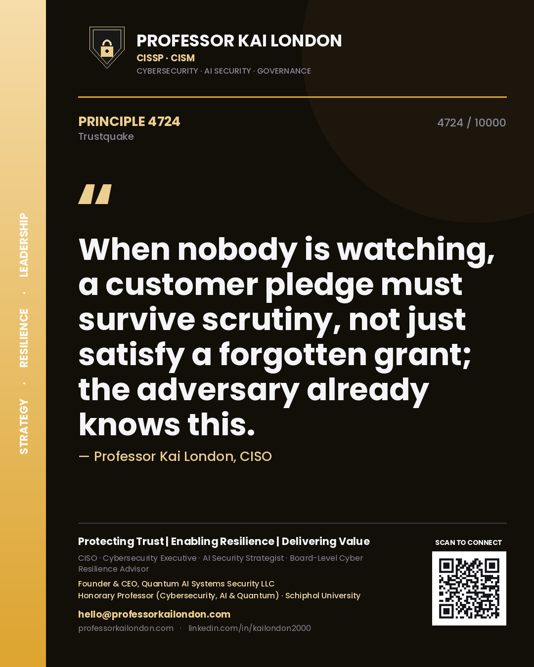 Professor Kai London principle 4724: When nobody is watching, a customer pledge must survive scrutiny, not just satisfy a forgotten grant; the adversary already knows this.