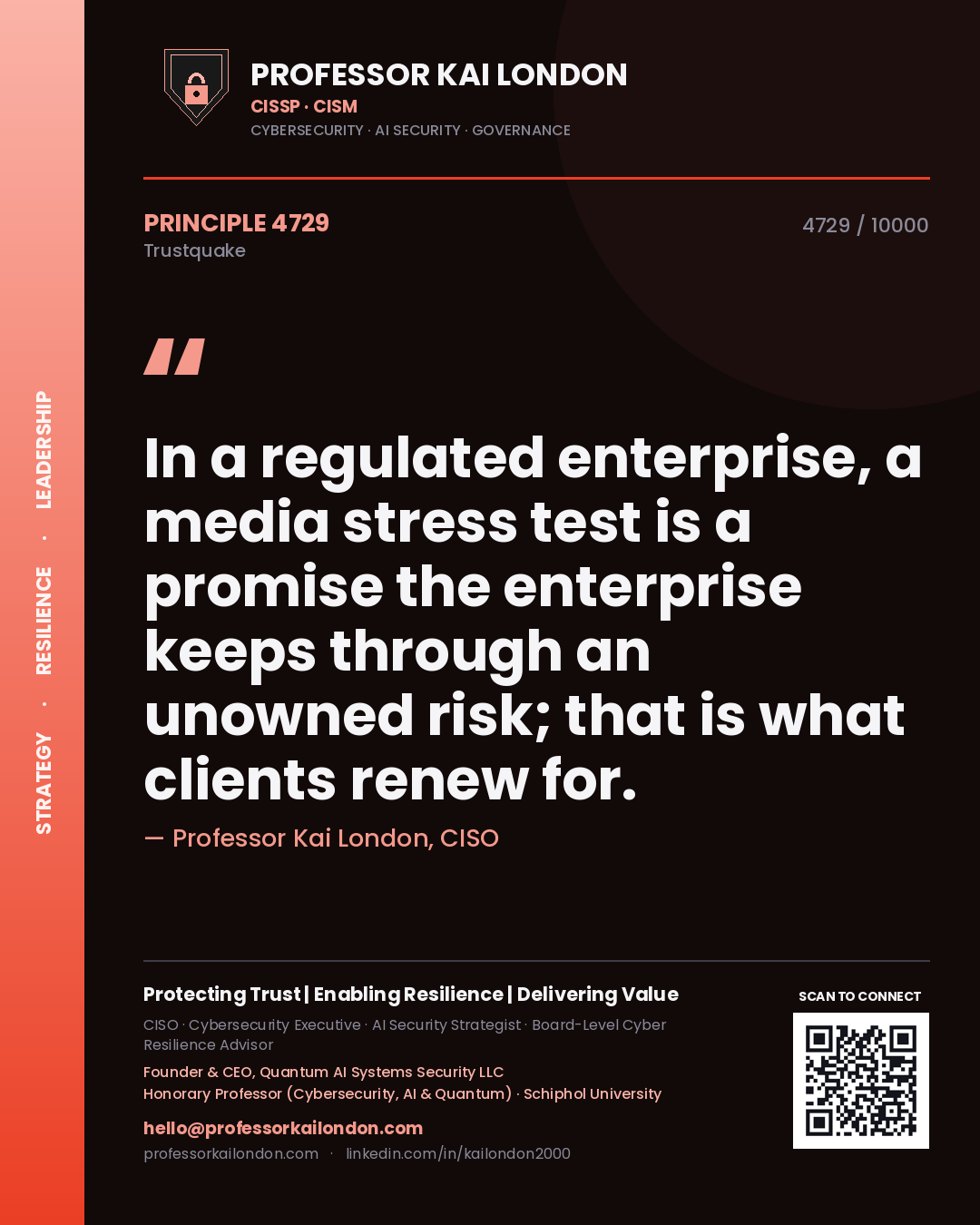 Professor Kai London principle 4729: In a regulated enterprise, a media stress test is a promise the enterprise keeps through an unowned risk; that is what clients renew for.