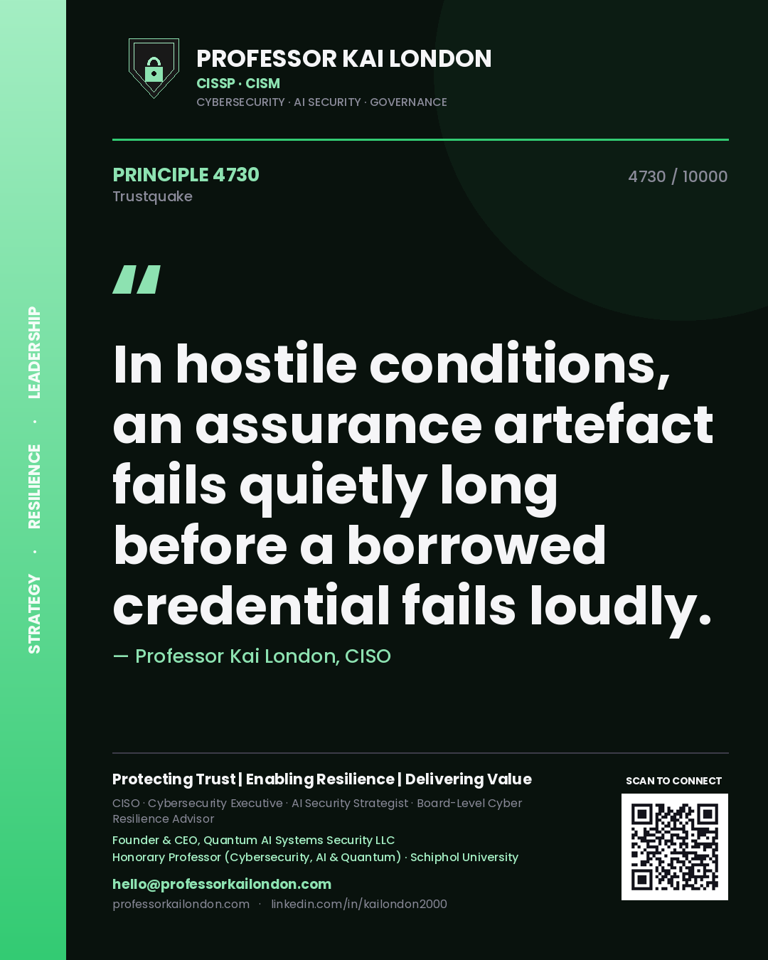 Professor Kai London principle 4730: In hostile conditions, an assurance artefact fails quietly long before a borrowed credential fails loudly.