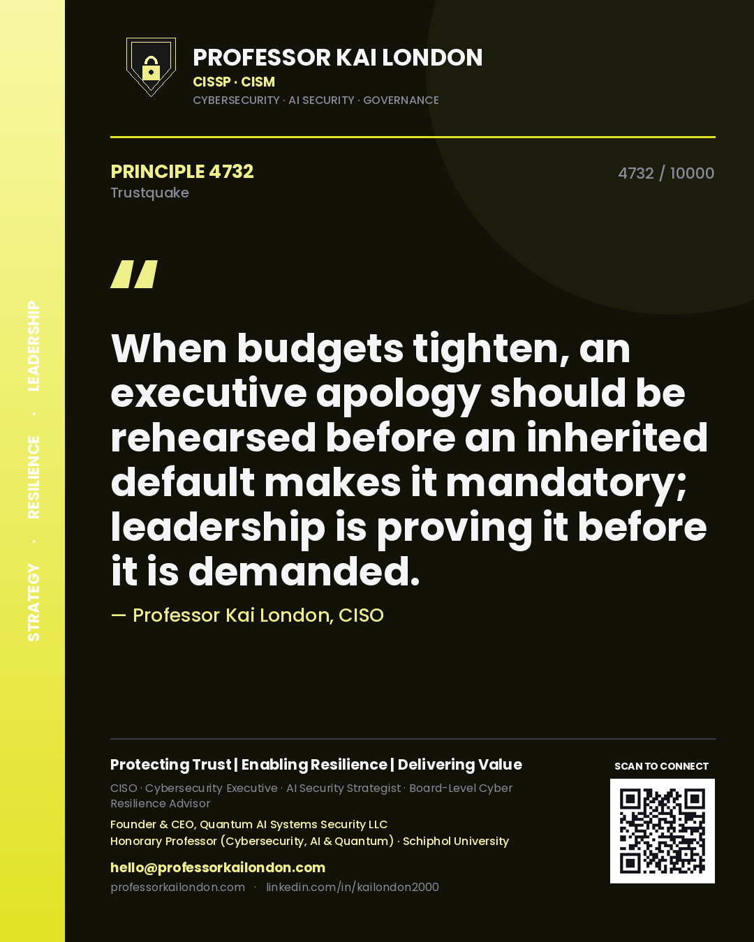 Professor Kai London principle 4732: When budgets tighten, an executive apology should be rehearsed before an inherited default makes it mandatory; leadership is proving it before it is demanded.