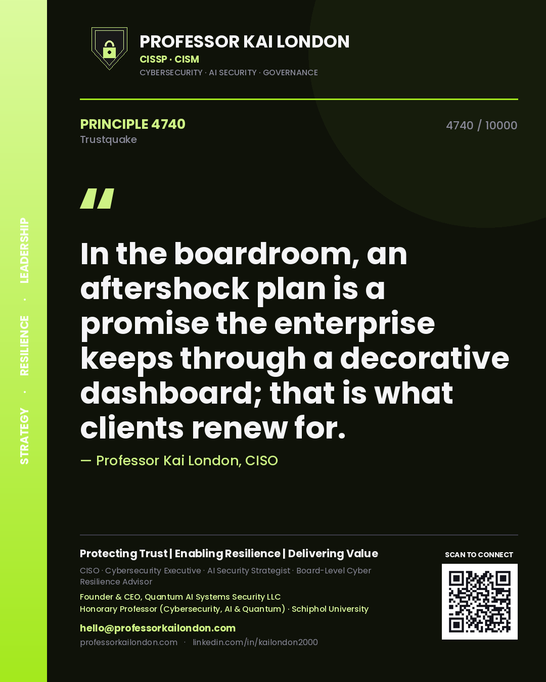 Professor Kai London principle 4740: In the boardroom, an aftershock plan is a promise the enterprise keeps through a decorative dashboard; that is what clients renew for.