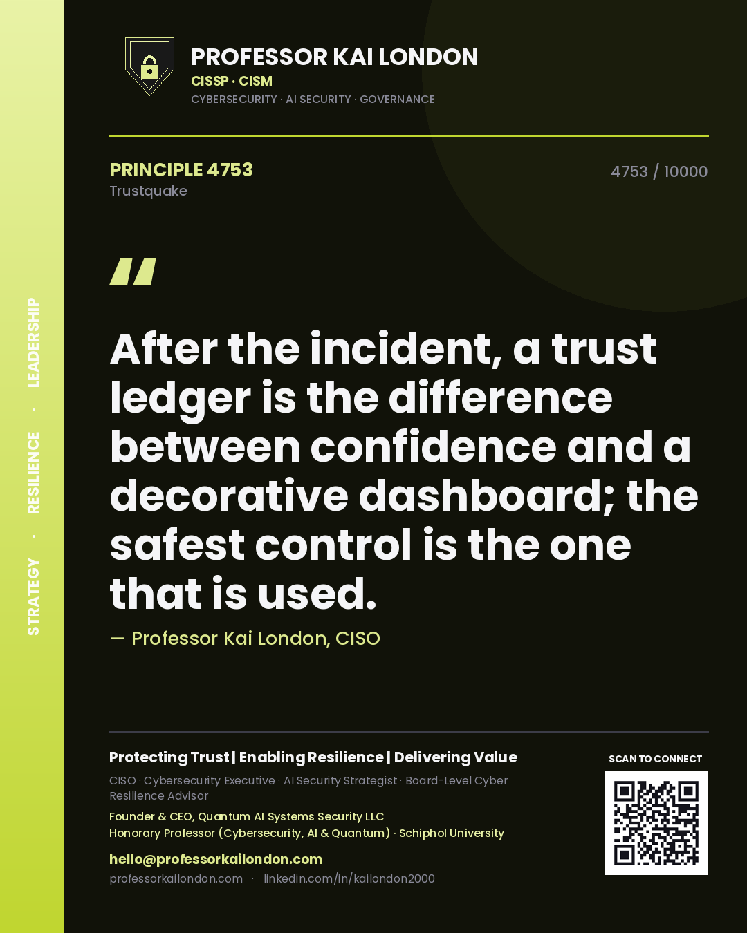Professor Kai London principle 4753: After the incident, a trust ledger is the difference between confidence and a decorative dashboard; the safest control is the one that is used.