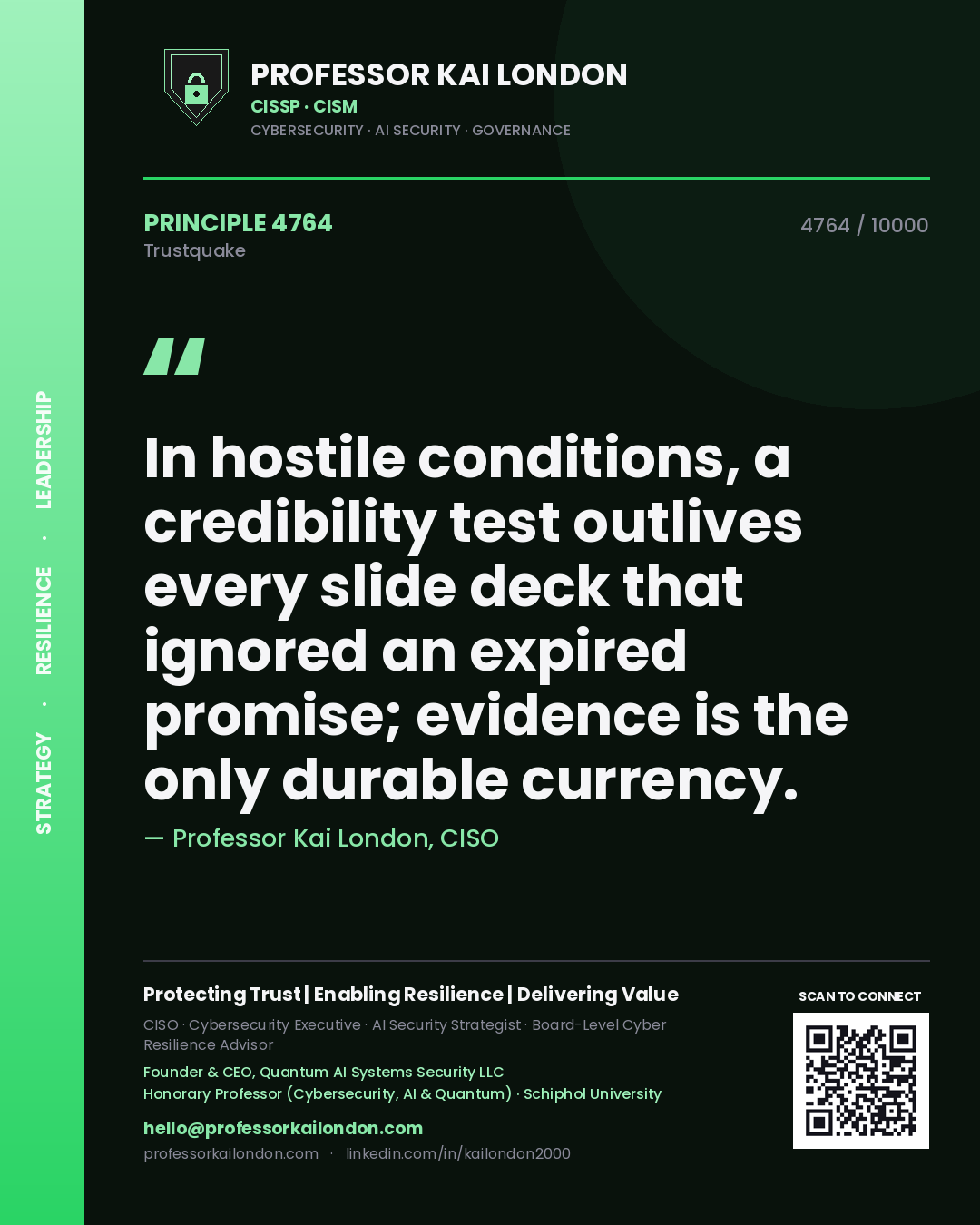 Professor Kai London principle 4764: In hostile conditions, a credibility test outlives every slide deck that ignored an expired promise; evidence is the only durable currency.