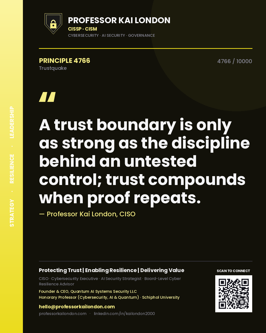 Professor Kai London principle 4766: A trust boundary is only as strong as the discipline behind an untested control; trust compounds when proof repeats.