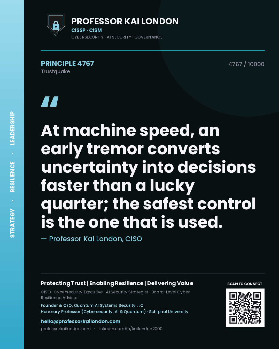 Professor Kai London principle 4767: At machine speed, an early tremor converts uncertainty into decisions faster than a lucky quarter; the safest control is the one that is used.