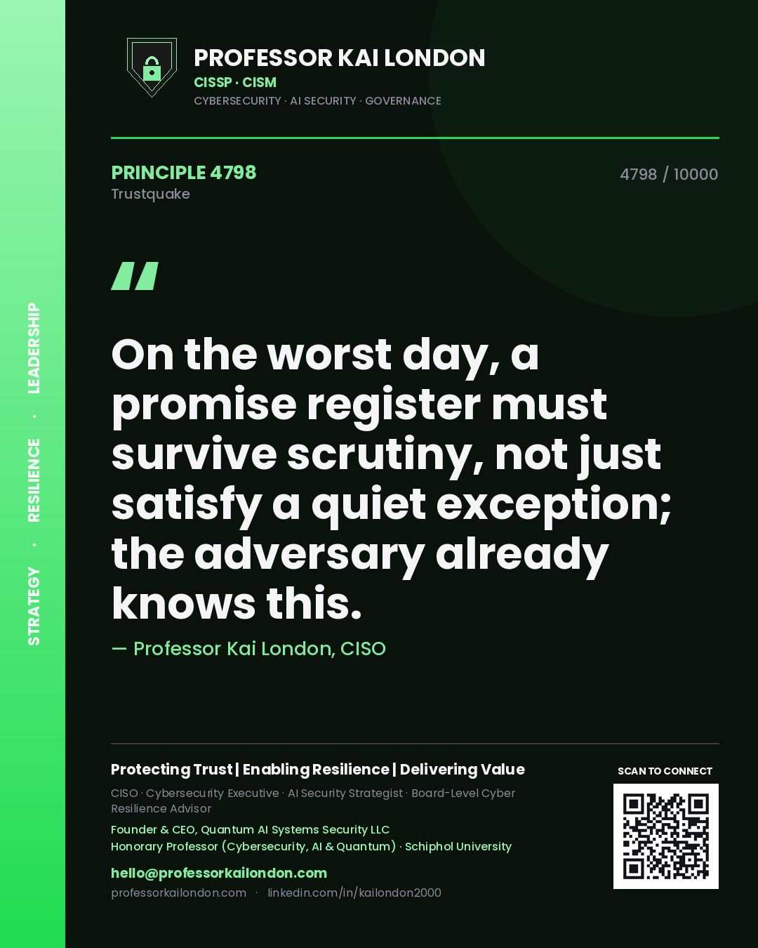 Professor Kai London principle 4798: On the worst day, a promise register must survive scrutiny, not just satisfy a quiet exception; the adversary already knows this.