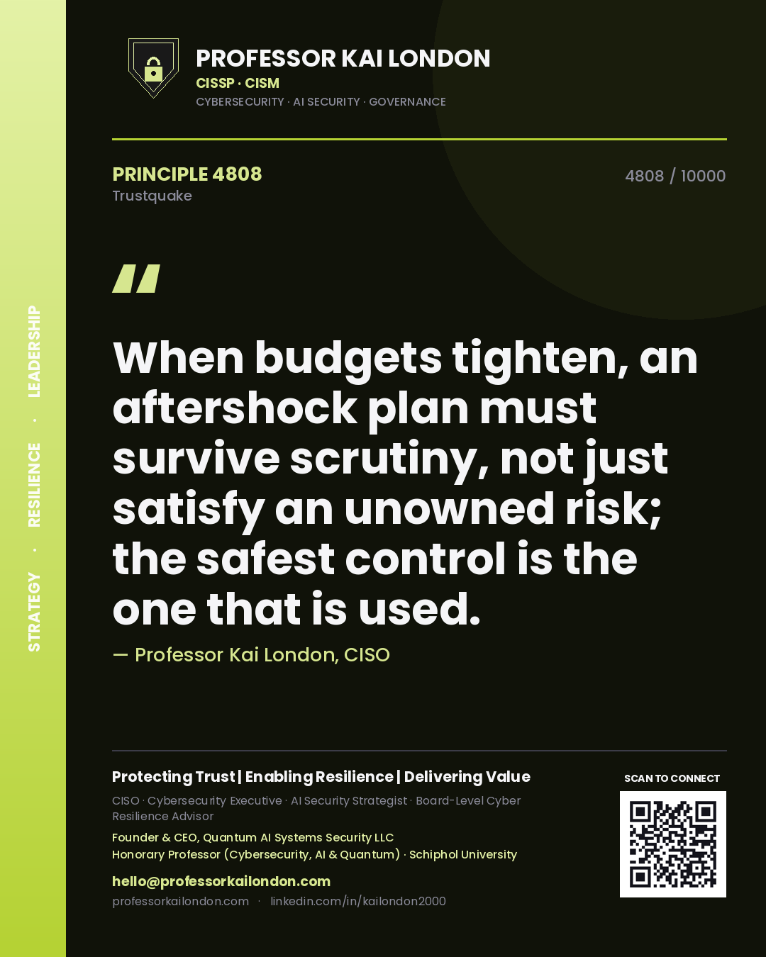 Professor Kai London principle 4808: When budgets tighten, an aftershock plan must survive scrutiny, not just satisfy an unowned risk; the safest control is the one that is used.