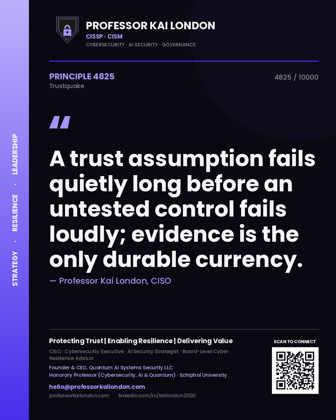 Professor Kai London principle 4825: A trust assumption fails quietly long before an untested control fails loudly; evidence is the only durable currency.