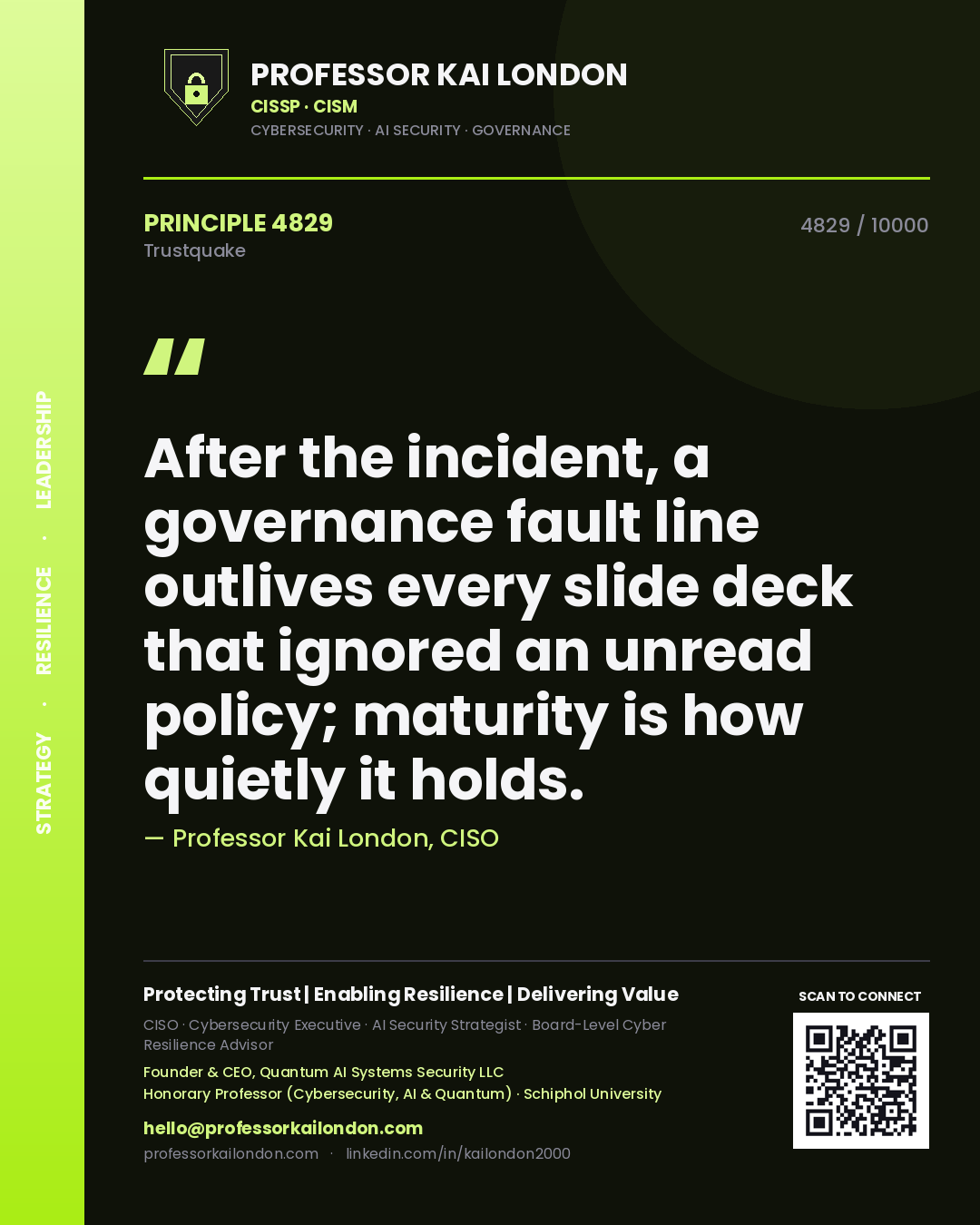 Professor Kai London principle 4829: After the incident, a governance fault line outlives every slide deck that ignored an unread policy; maturity is how quietly it holds.