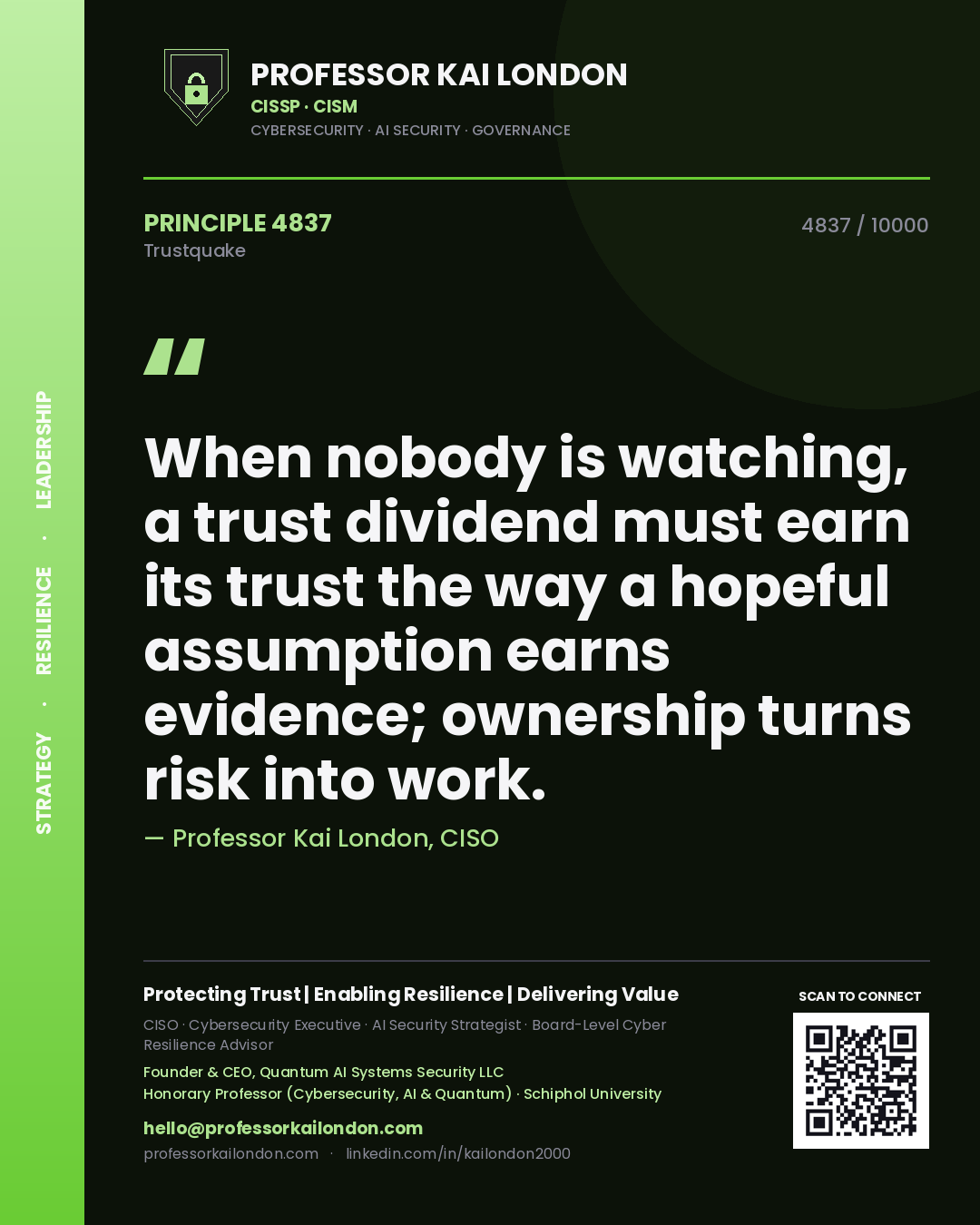 Professor Kai London principle 4837: When nobody is watching, a trust dividend must earn its trust the way a hopeful assumption earns evidence; ownership turns risk into work.