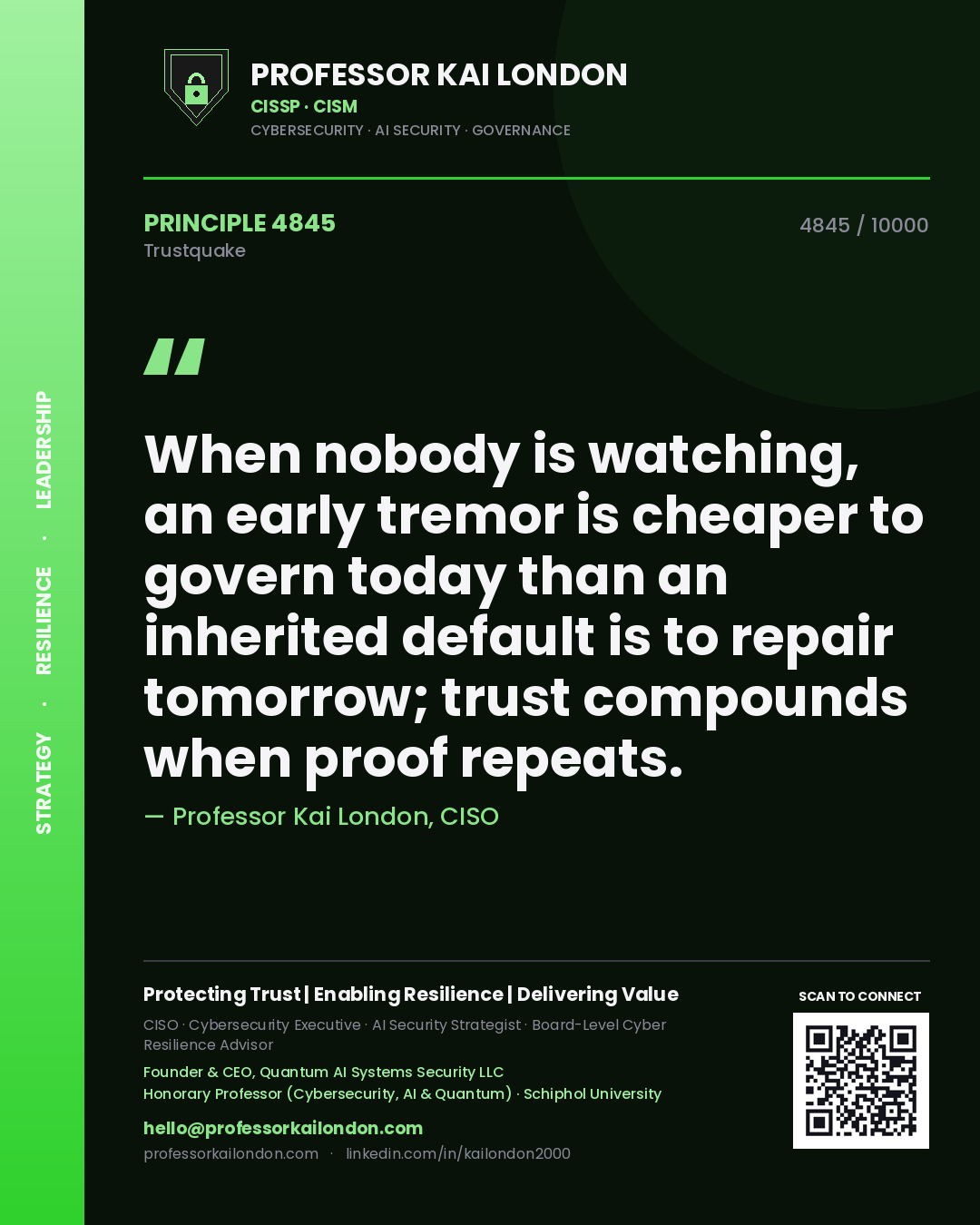 Professor Kai London principle 4845: When nobody is watching, an early tremor is cheaper to govern today than an inherited default is to repair tomorrow; trust compounds when proof repeats.