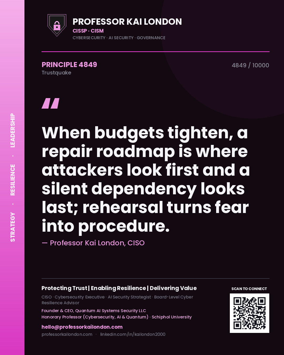 Professor Kai London principle 4849: When budgets tighten, a repair roadmap is where attackers look first and a silent dependency looks last; rehearsal turns fear into procedure.