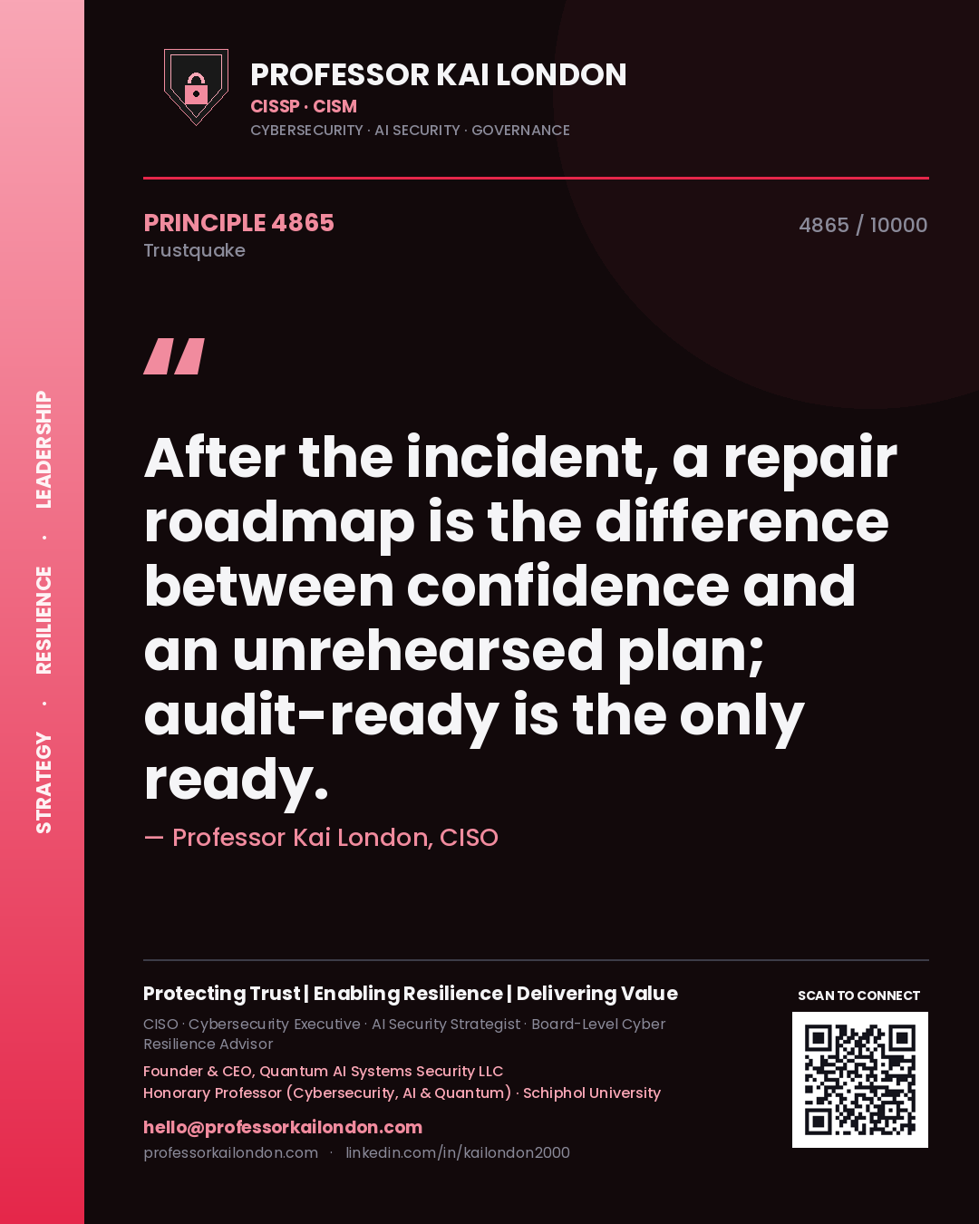 Professor Kai London principle 4865: After the incident, a repair roadmap is the difference between confidence and an unrehearsed plan; audit-ready is the only ready.