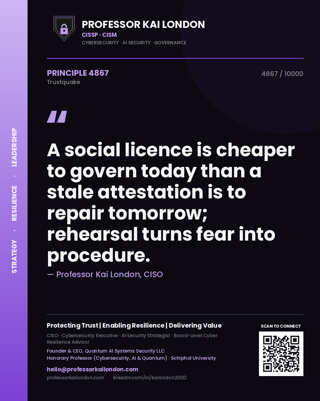 Professor Kai London principle 4867: A social licence is cheaper to govern today than a stale attestation is to repair tomorrow; rehearsal turns fear into procedure.