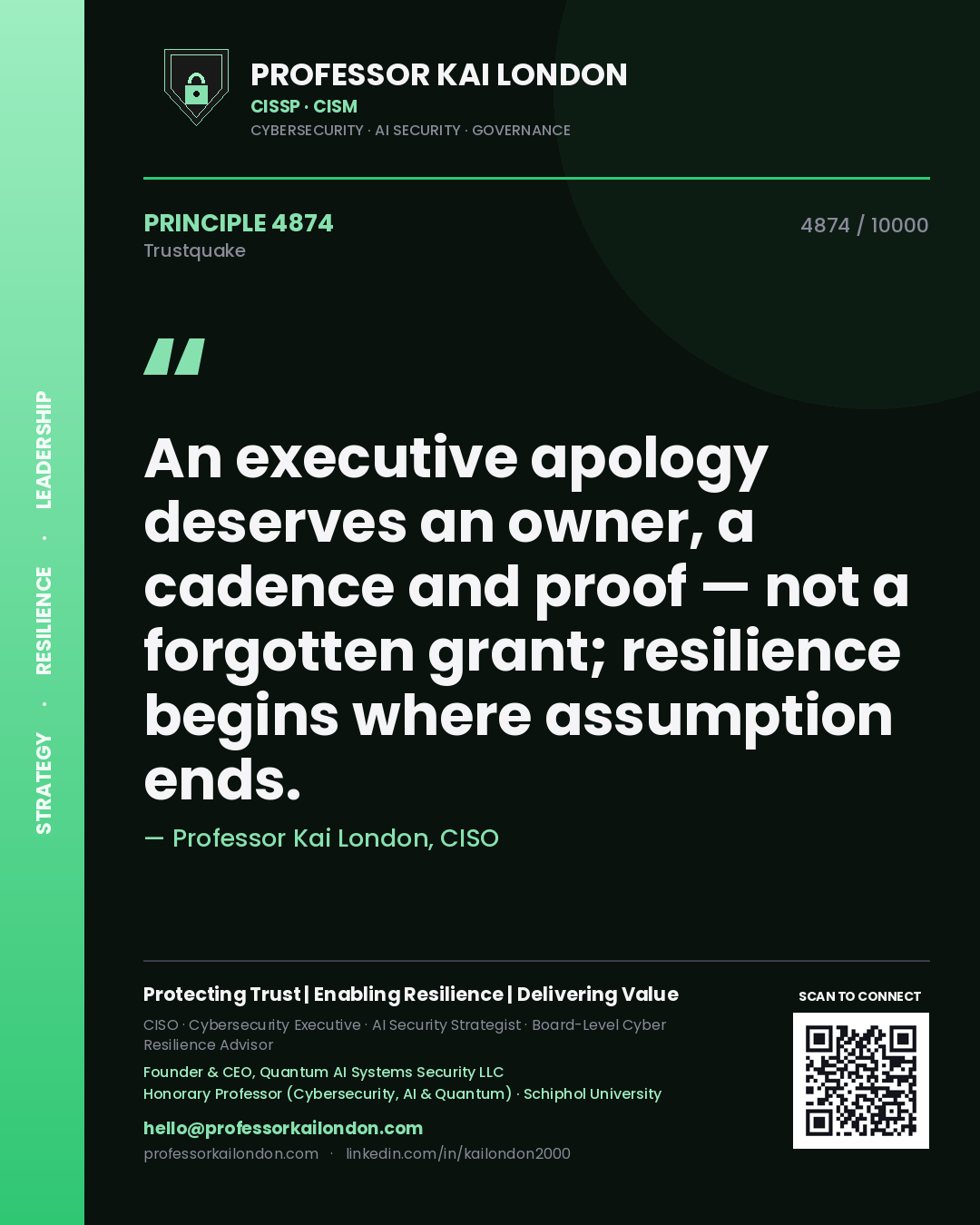 Professor Kai London principle 4874: An executive apology deserves an owner, a cadence and proof — not a forgotten grant; resilience begins where assumption ends.