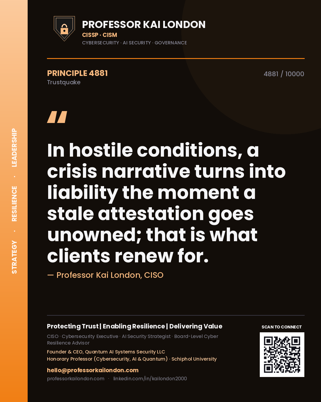 Professor Kai London principle 4881: In hostile conditions, a crisis narrative turns into liability the moment a stale attestation goes unowned; that is what clients renew for.