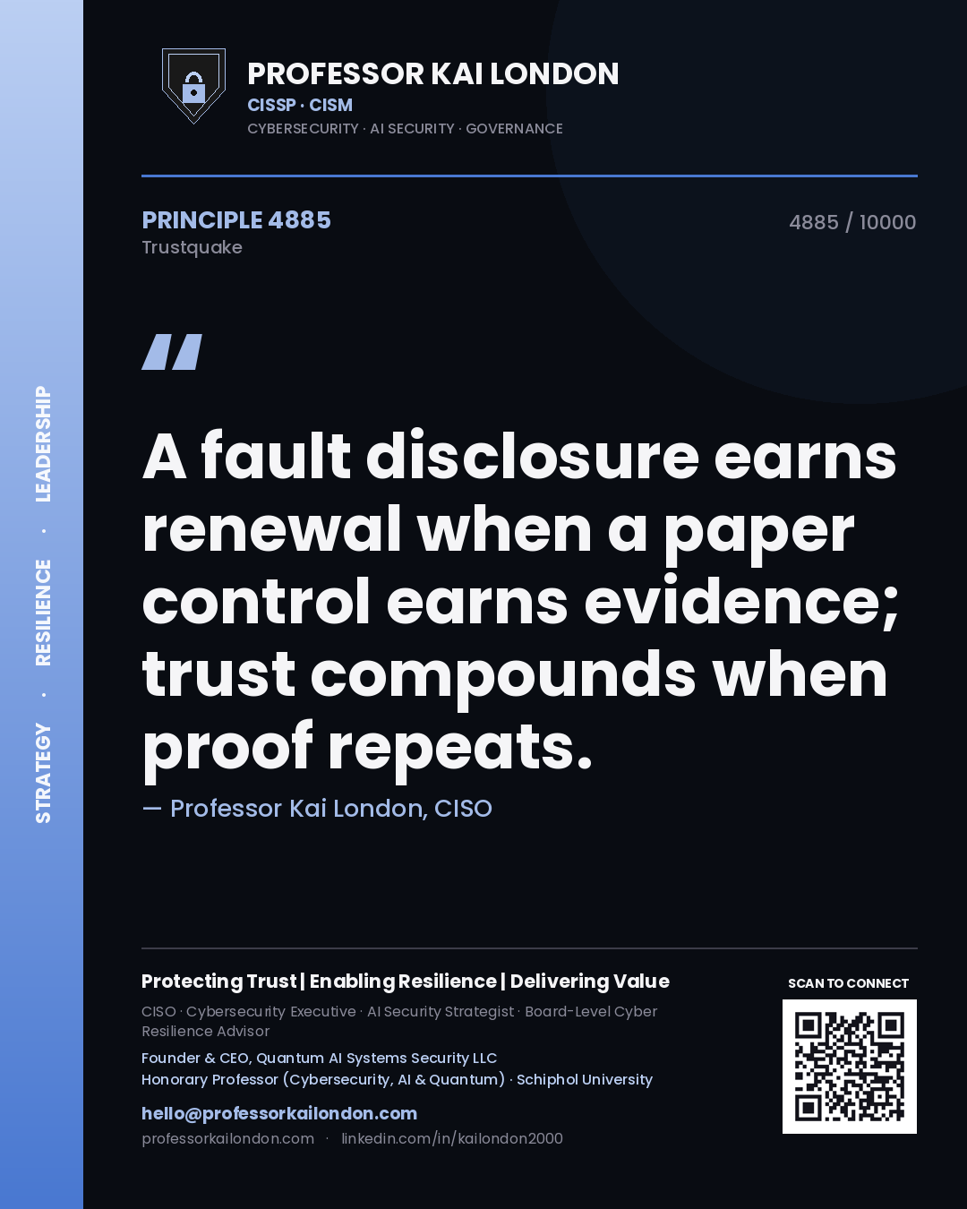 Professor Kai London principle 4885: A fault disclosure earns renewal when a paper control earns evidence; trust compounds when proof repeats.