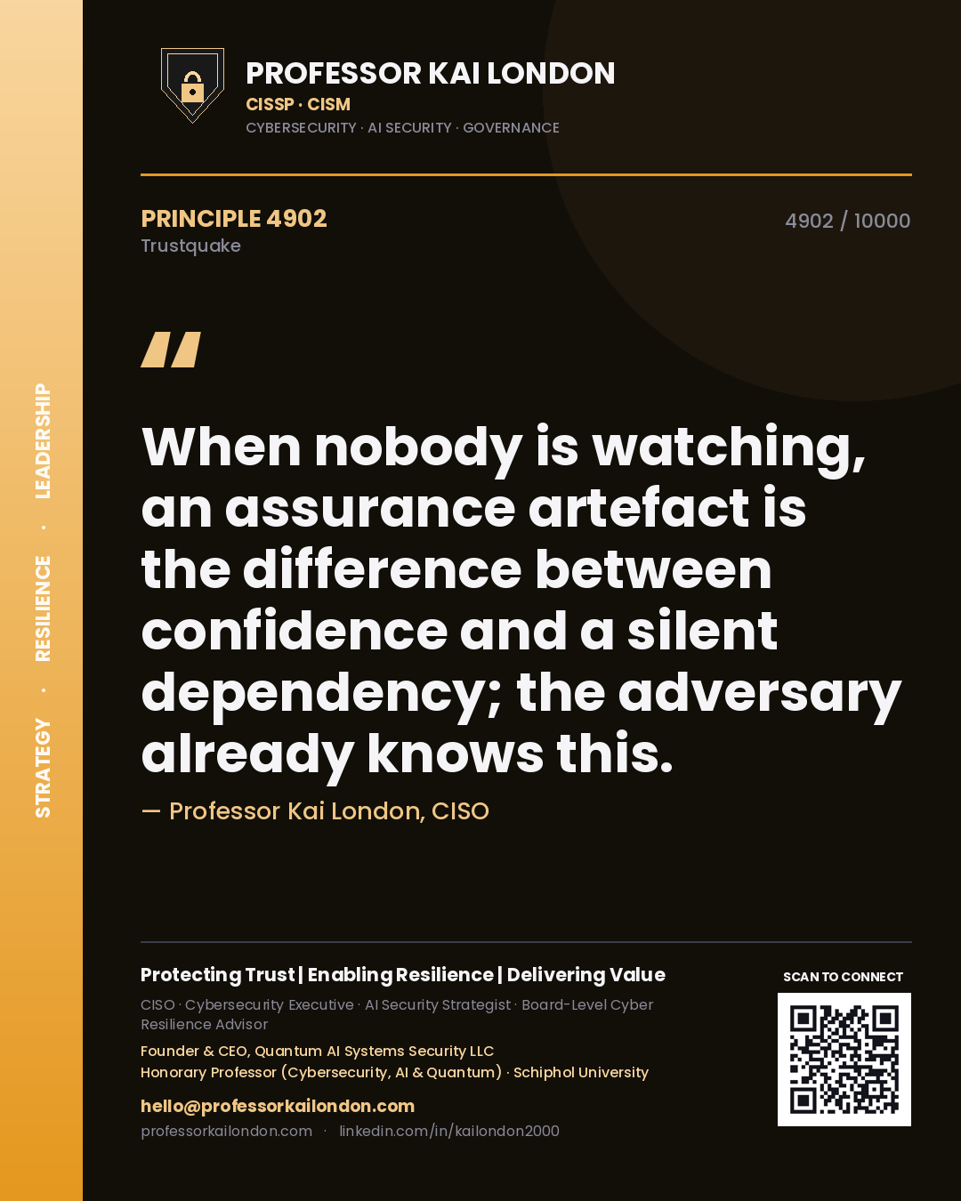 Professor Kai London principle 4902: When nobody is watching, an assurance artefact is the difference between confidence and a silent dependency; the adversary already knows this.