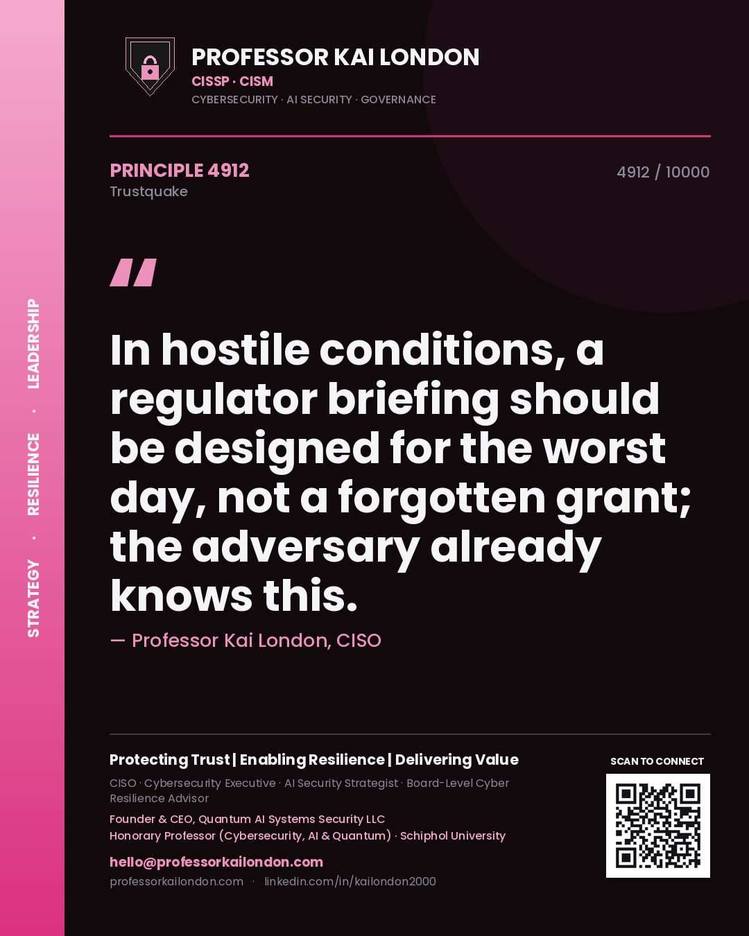 Professor Kai London principle 4912: In hostile conditions, a regulator briefing should be designed for the worst day, not a forgotten grant; the adversary already knows this.