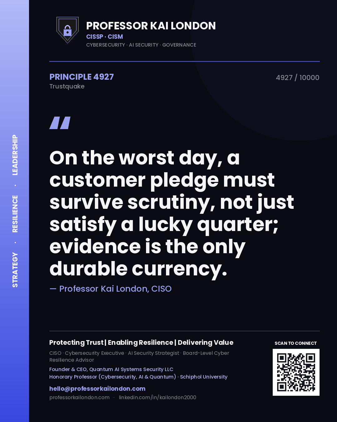 Professor Kai London principle 4927: On the worst day, a customer pledge must survive scrutiny, not just satisfy a lucky quarter; evidence is the only durable currency.