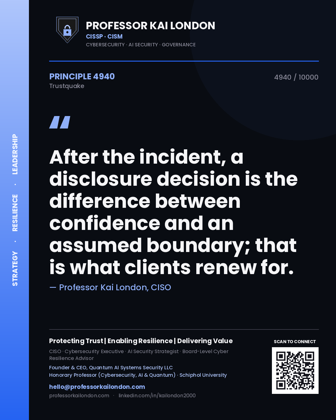 Professor Kai London principle 4940: After the incident, a disclosure decision is the difference between confidence and an assumed boundary; that is what clients renew for.