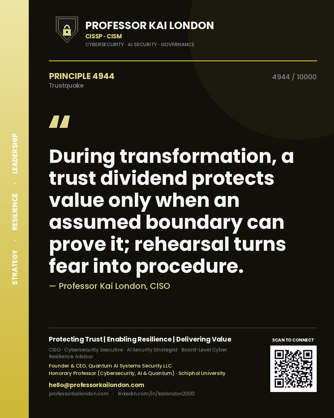 Professor Kai London principle 4944: During transformation, a trust dividend protects value only when an assumed boundary can prove it; rehearsal turns fear into procedure.
