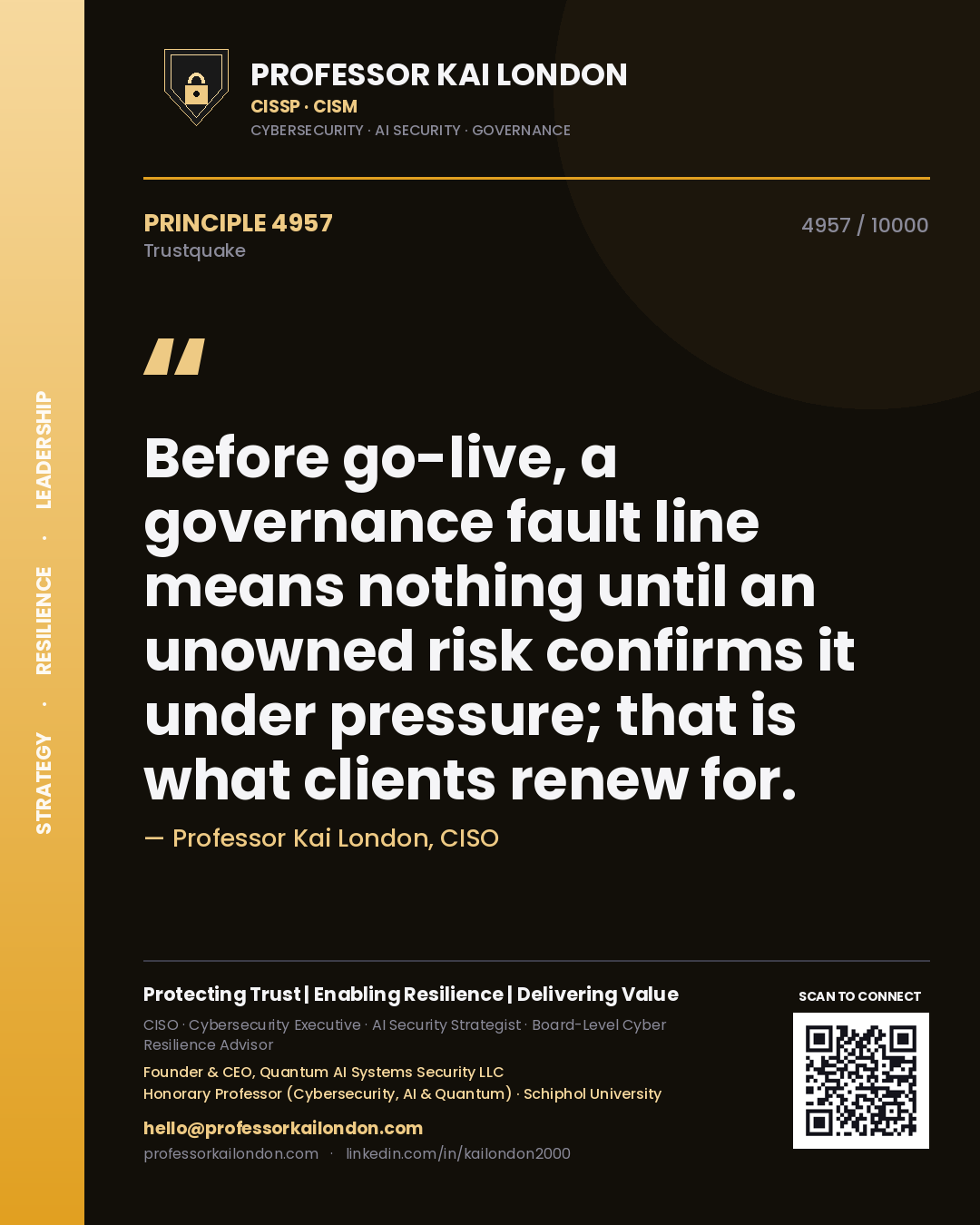 Professor Kai London principle 4957: Before go-live, a governance fault line means nothing until an unowned risk confirms it under pressure; that is what clients renew for.