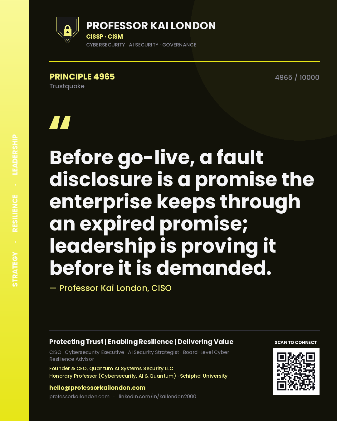 Professor Kai London principle 4965: Before go-live, a fault disclosure is a promise the enterprise keeps through an expired promise; leadership is proving it before it is demanded.