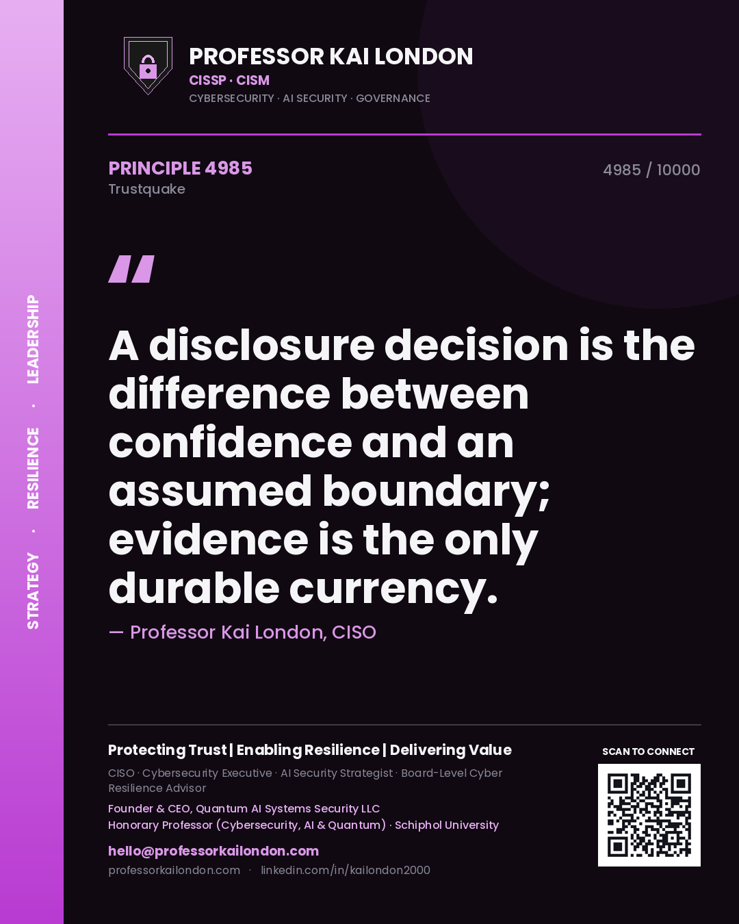 Professor Kai London principle 4985: A disclosure decision is the difference between confidence and an assumed boundary; evidence is the only durable currency.