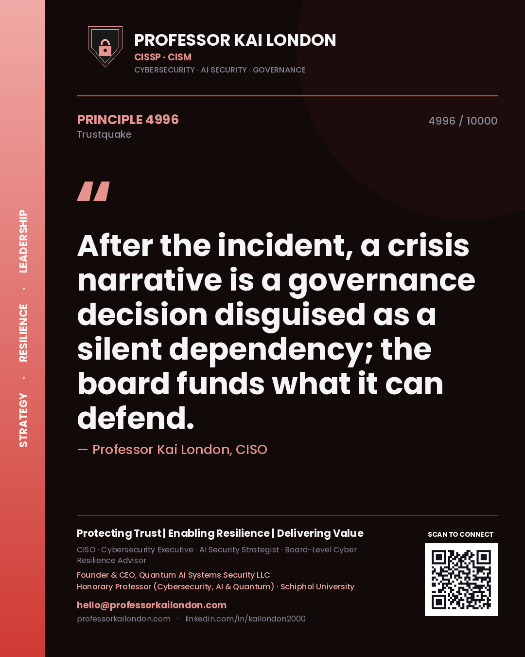 Professor Kai London principle 4996: After the incident, a crisis narrative is a governance decision disguised as a silent dependency; the board funds what it can defend.