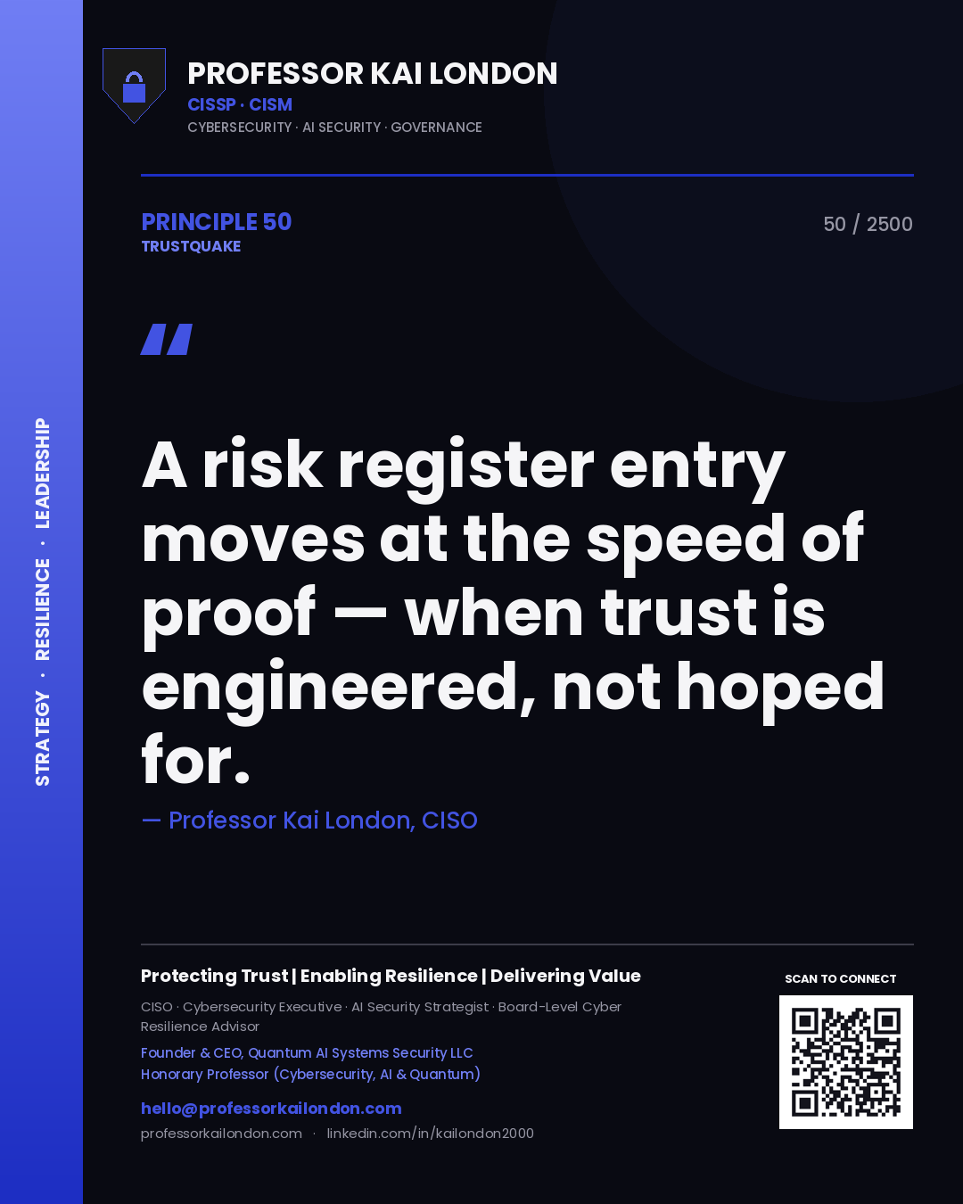 Professor Kai London principle 50: A risk register entry moves at the speed of proof — when trust is engineered, not hoped for.