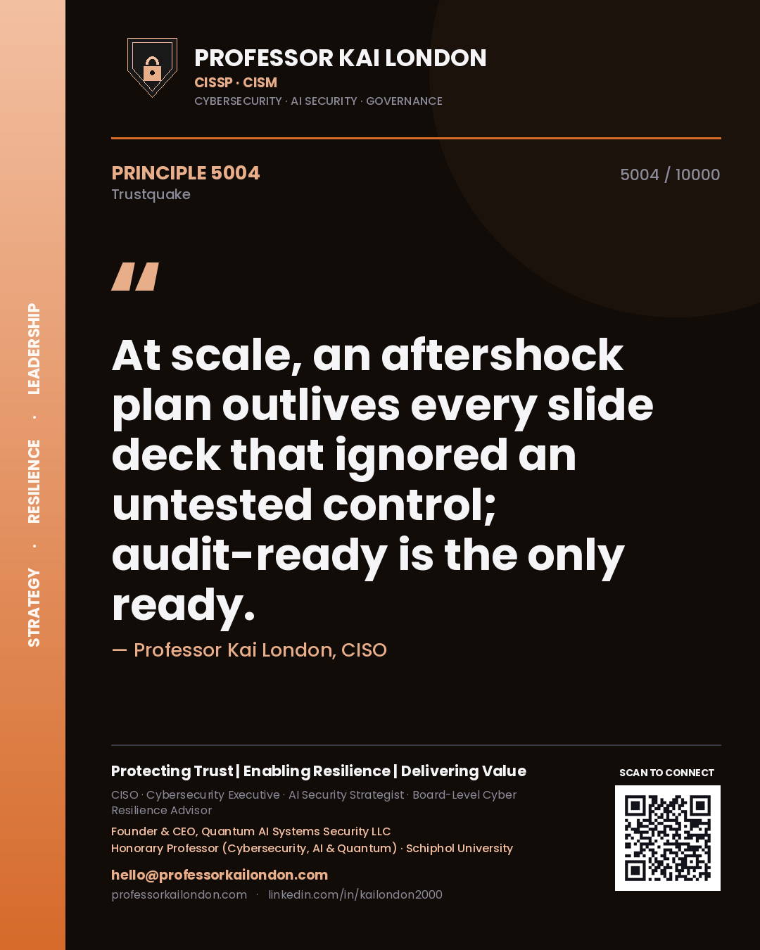 Professor Kai London principle 5004: At scale, an aftershock plan outlives every slide deck that ignored an untested control; audit-ready is the only ready.
