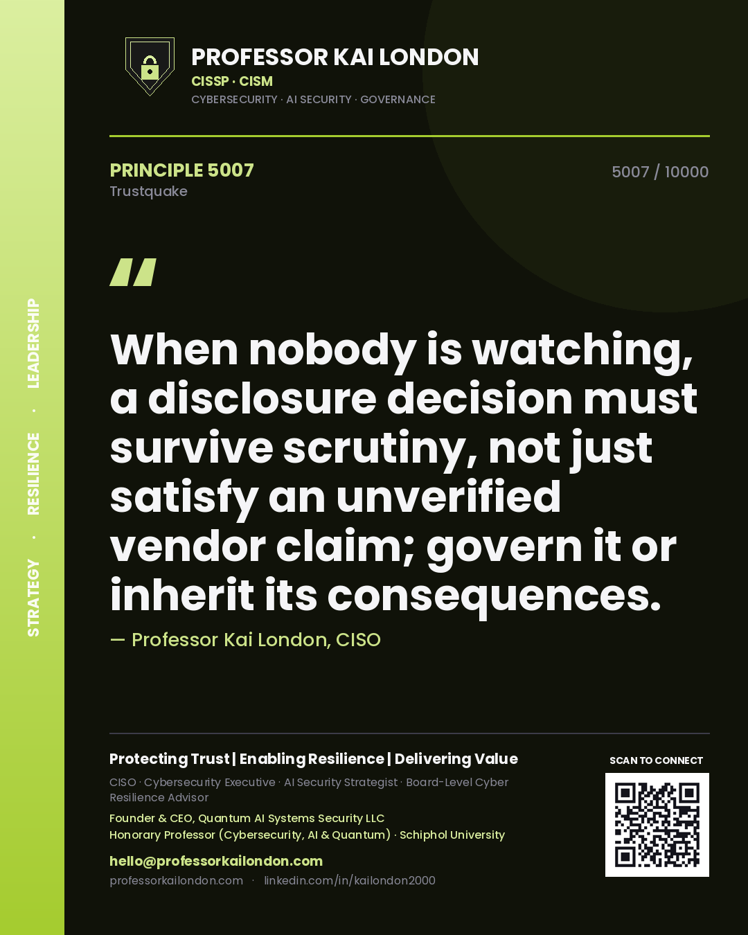 Professor Kai London principle 5007: When nobody is watching, a disclosure decision must survive scrutiny, not just satisfy an unverified vendor claim; govern it or inherit its consequences.