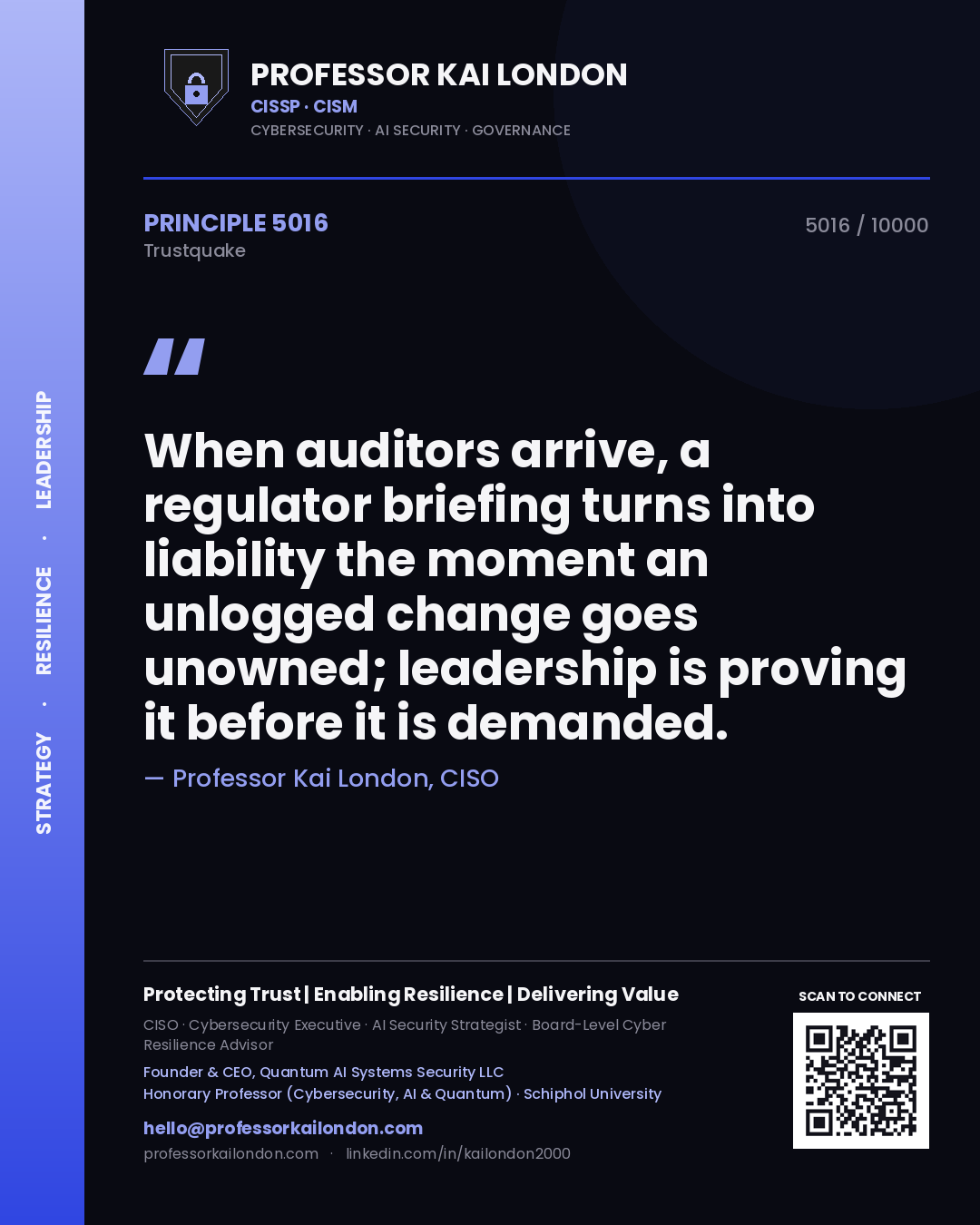 Professor Kai London principle 5016: When auditors arrive, a regulator briefing turns into liability the moment an unlogged change goes unowned; leadership is proving it before it is demanded.