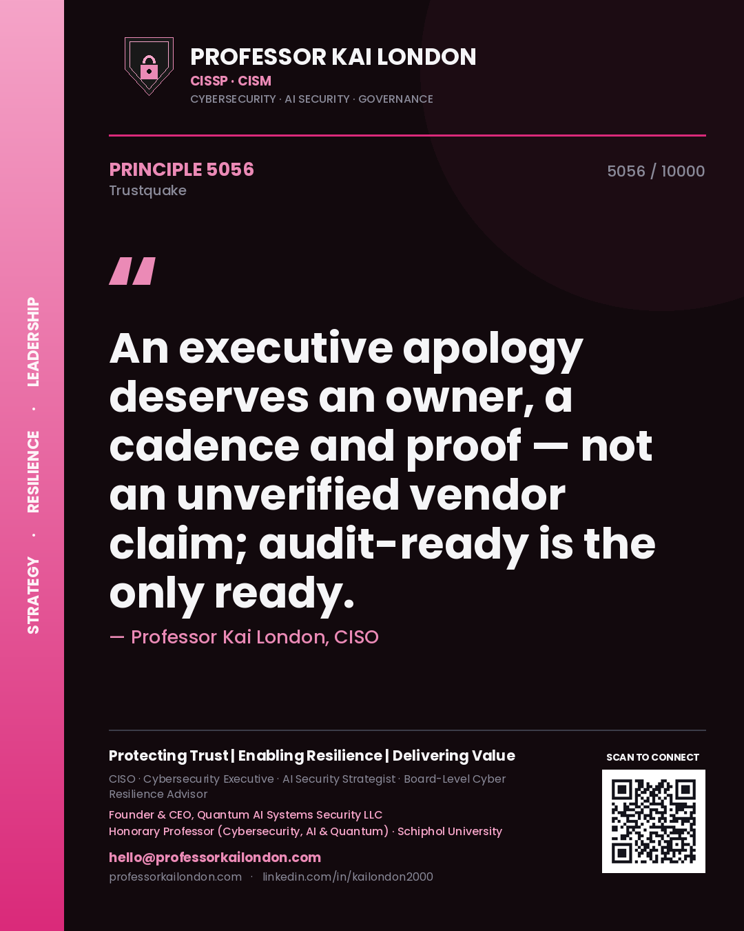 Professor Kai London principle 5056: An executive apology deserves an owner, a cadence and proof — not an unverified vendor claim; audit-ready is the only ready.