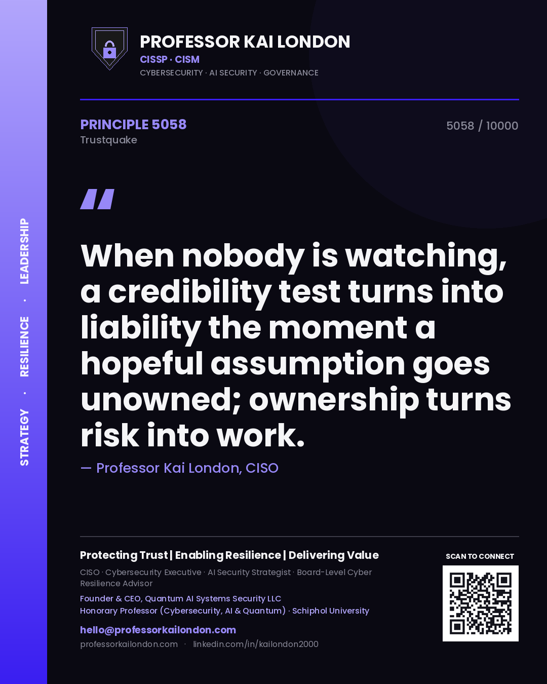 Professor Kai London principle 5058: When nobody is watching, a credibility test turns into liability the moment a hopeful assumption goes unowned; ownership turns risk into work.