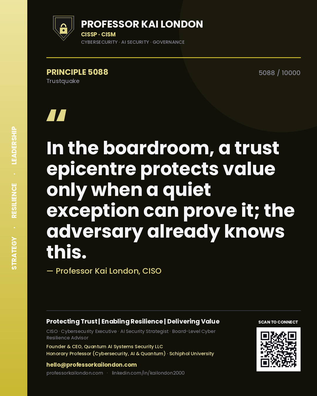 Professor Kai London principle 5088: In the boardroom, a trust epicentre protects value only when a quiet exception can prove it; the adversary already knows this.
