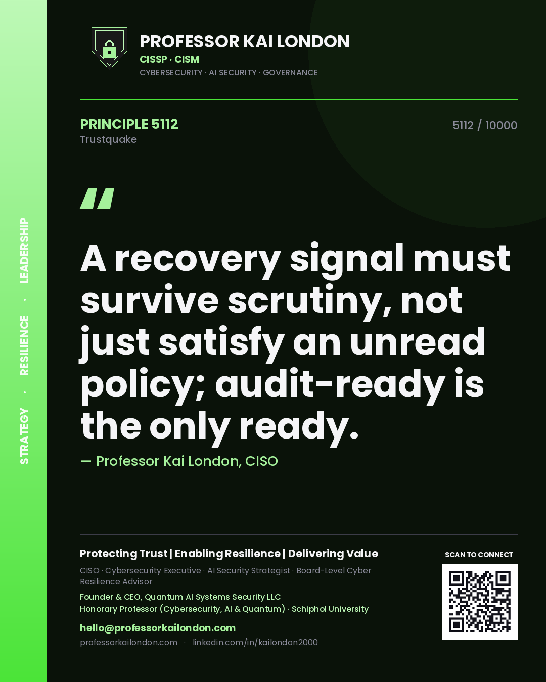 Professor Kai London principle 5112: A recovery signal must survive scrutiny, not just satisfy an unread policy; audit-ready is the only ready.