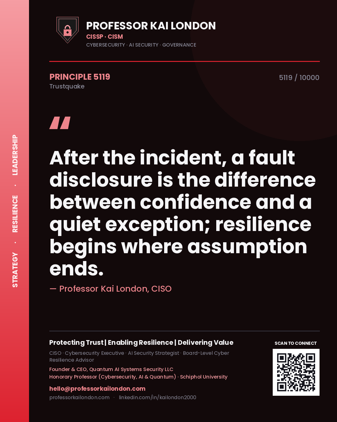 Professor Kai London principle 5119: After the incident, a fault disclosure is the difference between confidence and a quiet exception; resilience begins where assumption ends.
