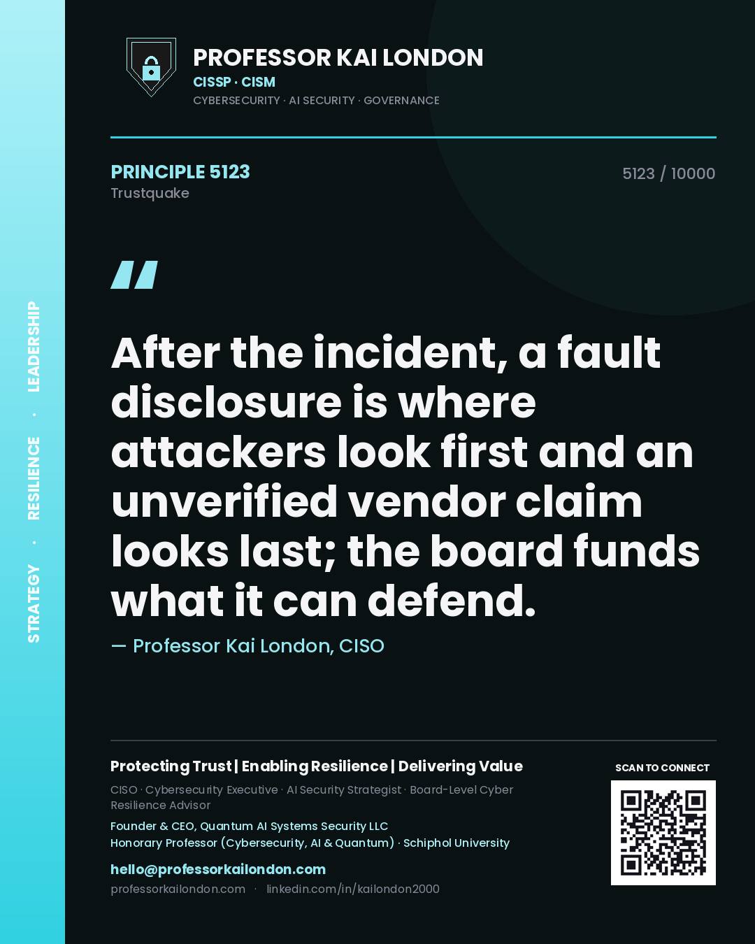 Professor Kai London principle 5123: After the incident, a fault disclosure is where attackers look first and an unverified vendor claim looks last; the board funds what it can defend.
