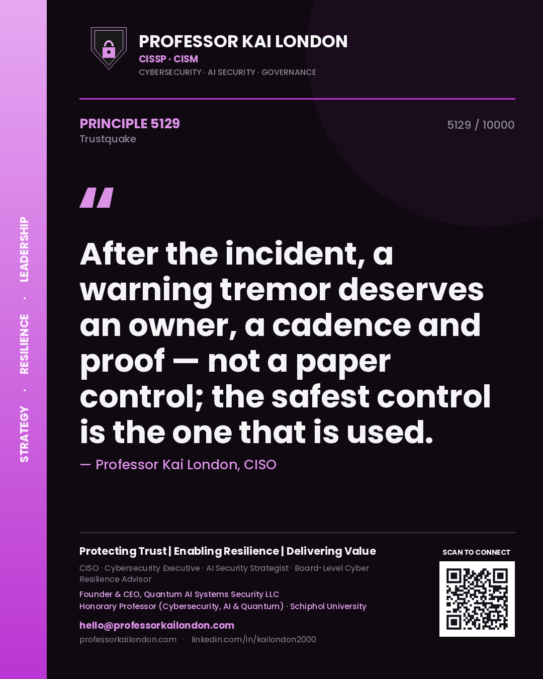 Professor Kai London principle 5129: After the incident, a warning tremor deserves an owner, a cadence and proof — not a paper control; the safest control is the one that is used.