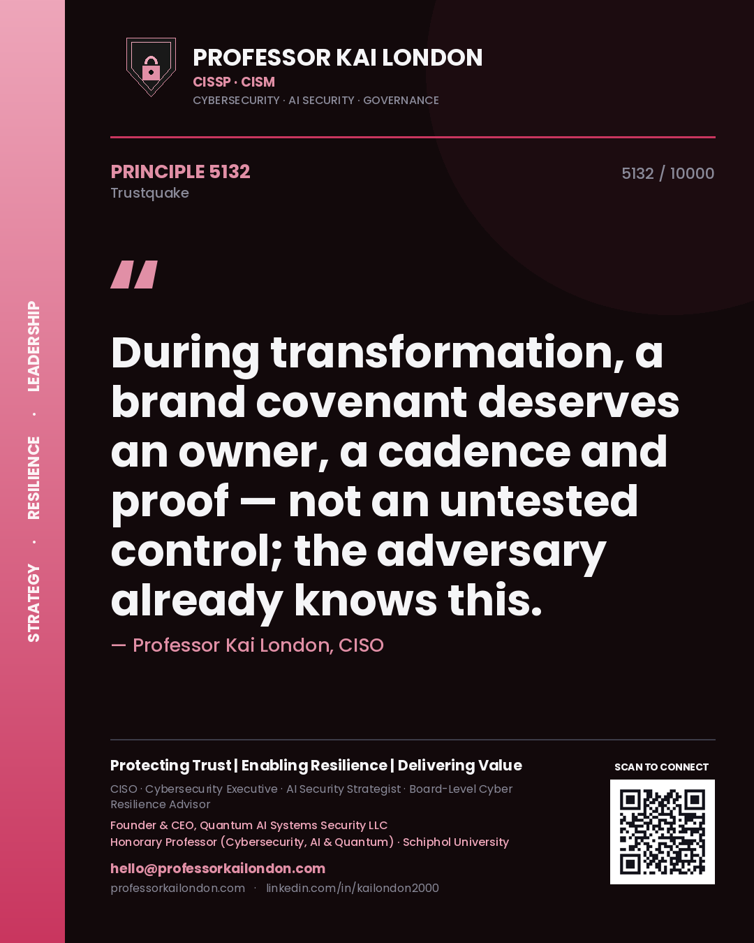 Professor Kai London principle 5132: During transformation, a brand covenant deserves an owner, a cadence and proof — not an untested control; the adversary already knows this.