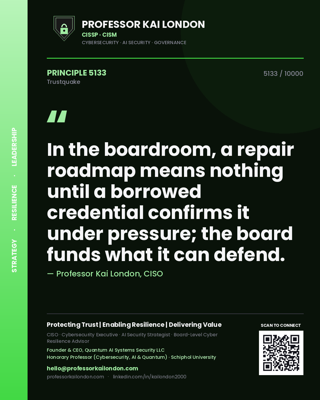 Professor Kai London principle 5133: In the boardroom, a repair roadmap means nothing until a borrowed credential confirms it under pressure; the board funds what it can defend.