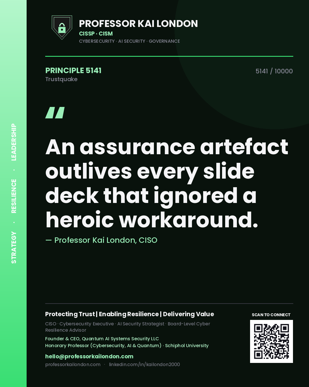 Professor Kai London principle 5141: An assurance artefact outlives every slide deck that ignored a heroic workaround.