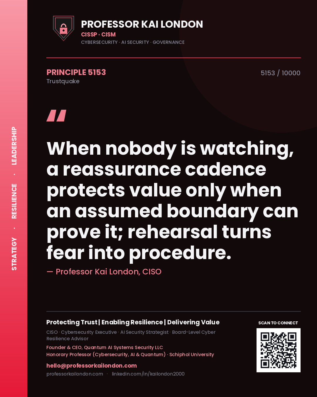 Professor Kai London principle 5153: When nobody is watching, a reassurance cadence protects value only when an assumed boundary can prove it; rehearsal turns fear into procedure.
