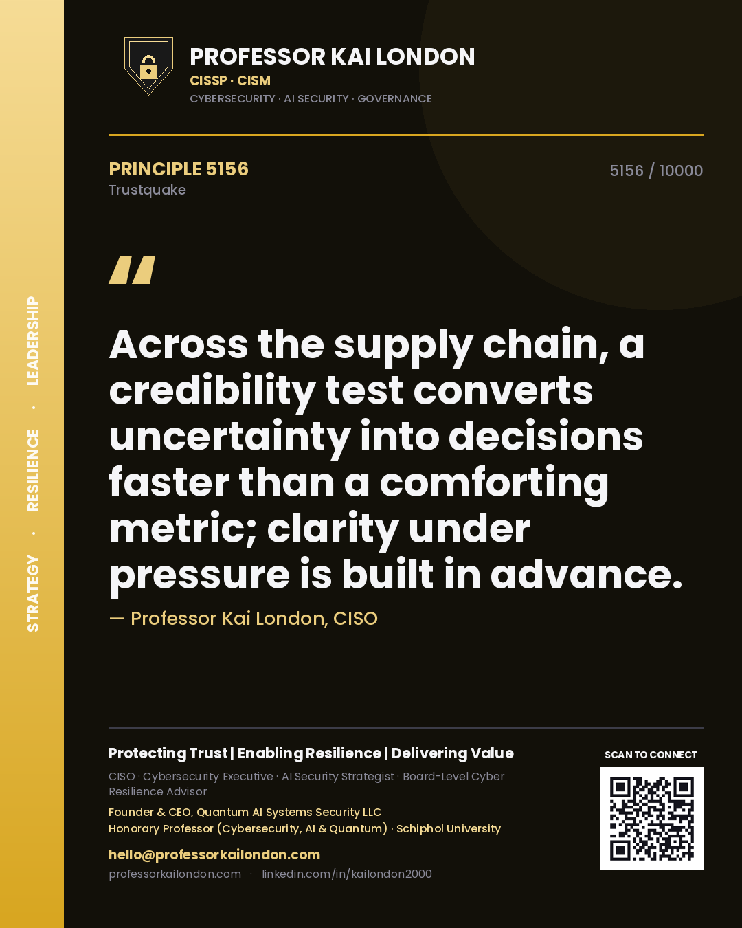 Professor Kai London principle 5156: Across the supply chain, a credibility test converts uncertainty into decisions faster than a comforting metric; clarity under pressure is built in advance.