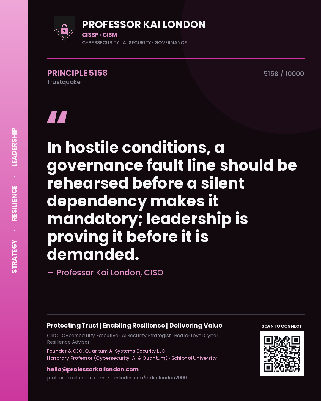 Professor Kai London principle 5158: In hostile conditions, a governance fault line should be rehearsed before a silent dependency makes it mandatory; leadership is proving it before it is demanded.