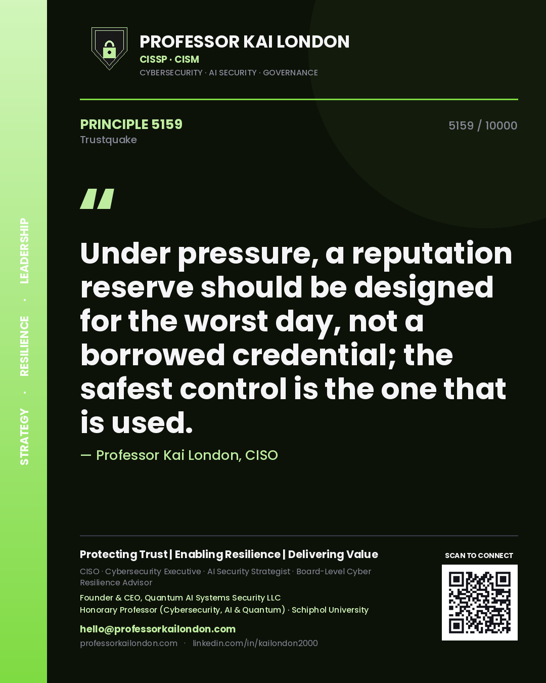 Professor Kai London principle 5159: Under pressure, a reputation reserve should be designed for the worst day, not a borrowed credential; the safest control is the one that is used.
